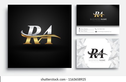 initial letter RA logotype company name colored gold and silver swoosh design. Vector sets for business identity on white background.