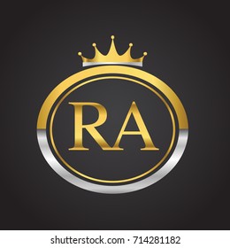 initial letter RA logotype company name with oval shape and crown, gold and silver color. vector logo for business and company identity.