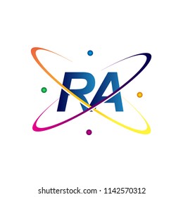 initial letter RA logotype science icon colored blue, red, green and yellow swoosh design. vector logo for business and company identity.
