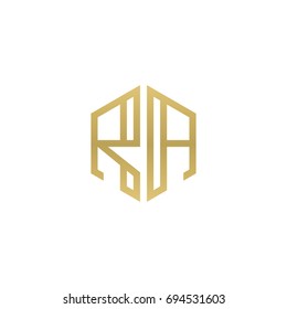 Initial letter RA, minimalist line art hexagon shape logo, gold color