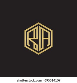 Initial letter RA, minimalist line art hexagon logo, gold color on black background