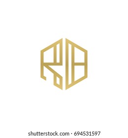 Initial letter RB, minimalist line art hexagon shape logo, gold color