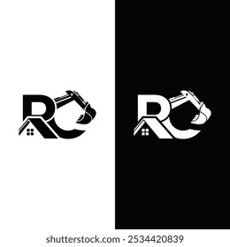 Initial letter RC with excavator, house logo vector template 