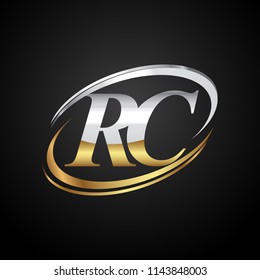 initial letter RC logotype company name colored gold and silver swoosh design. isolated on black background.