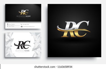 initial letter RC logotype company name colored gold and silver swoosh design. Vector sets for business identity on white background.