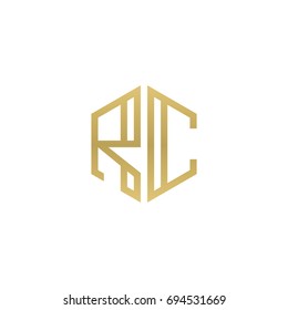Initial letter RC, minimalist line art hexagon shape logo, gold color