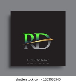 initial letter RD logotype company name colored green and gold swoosh design. vector logo for business and company