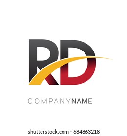 initial letter RD logotype company name colored red, black and yellow swoosh design. isolated on white background.

