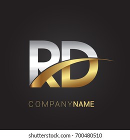 initial letter RD logotype company name colored gold and silver swoosh design. isolated on black background.