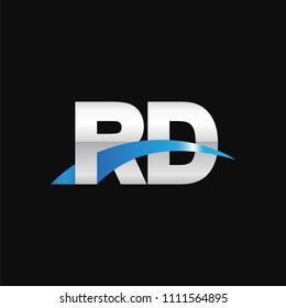 Initial letter RD, overlapping movement swoosh logo, metal silver blue color on black background