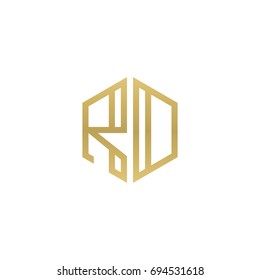 Initial letter RD, RO, minimalist line art hexagon shape logo, gold color
