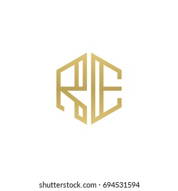 Initial letter RE, minimalist line art hexagon shape logo, gold color