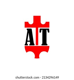 Initial letter AT red crown shield simple logo. Minimal and unique.