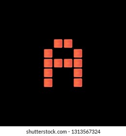 Initial Letter A with red metallic texture, trendy, 3d glossy, metal texture, rectangle shape, pixel style based alphabet logo for company identity, isolated on black background.
