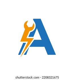 Letra Inicial A Llave De Reparación Y Diseño De Logotipo De Alimentación De Voltios Para Reparación, Plantilla De Vector De Signos Eléctricos