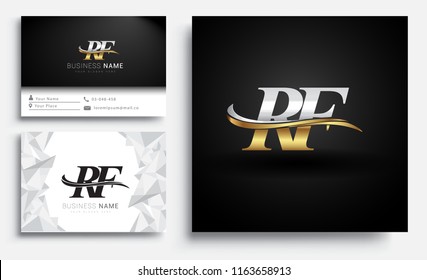 initial letter RF logotype company name colored gold and silver swoosh design. Vector sets for business identity on white background.