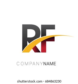 initial letter RF logotype company name colored red, black and yellow swoosh design. isolated on white background.

