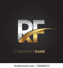 initial letter RF logotype company name colored gold and silver swoosh design. isolated on black background.