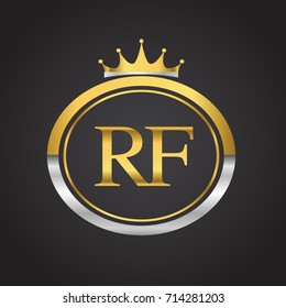 initial letter RF logotype company name with oval shape and crown, gold and silver color. vector logo for business and company identity.