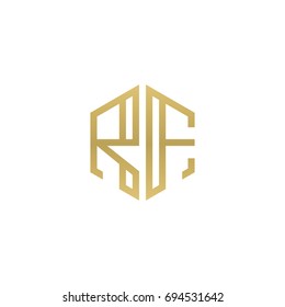 Initial letter RF, minimalist line art hexagon shape logo, gold color