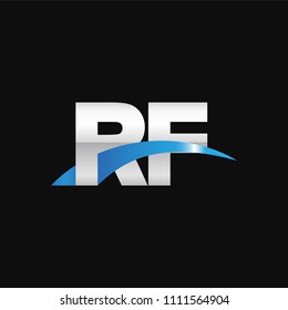 Initial letter RF, overlapping movement swoosh logo, metal silver blue color on black background