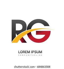 initial letter RG logotype company name colored red, black and yellow swoosh design. isolated on white background.
