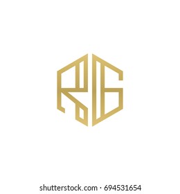 Initial letter RG, minimalist line art hexagon shape logo, gold color