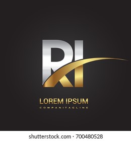 initial letter RI logotype company name colored gold and silver swoosh design. isolated on black background.