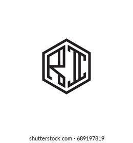 Initial letter RI, minimalist line art monogram hexagon logo, black color