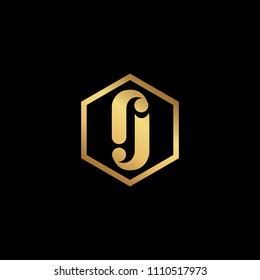 Initial letter RJ JR minimalist art hexagon shape logo, gold color on black background