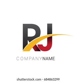 initial letter RJ logotype company name colored red, black and yellow swoosh design. isolated on white background.
