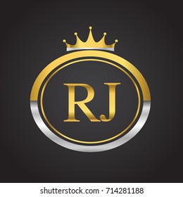 initial letter RJ logotype company name with oval shape and crown, gold and silver color. vector logo for business and company identity.