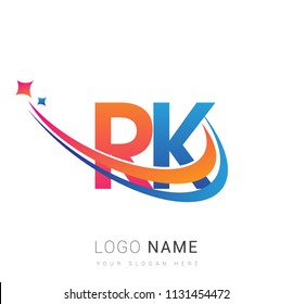 initial letter RK logotype company name colored orange, red and blue swoosh star design. vector logo for business and company identity.