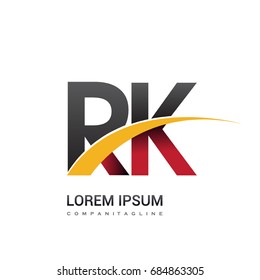 initial letter RK logotype company name colored red, black and yellow swoosh design. isolated on white background.
