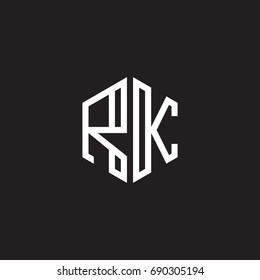 Initial letter RK, minimalist line art monogram hexagon shape logo, white color on black background