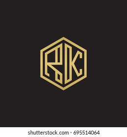 Initial letter RK, minimalist line art hexagon logo, gold color on black background