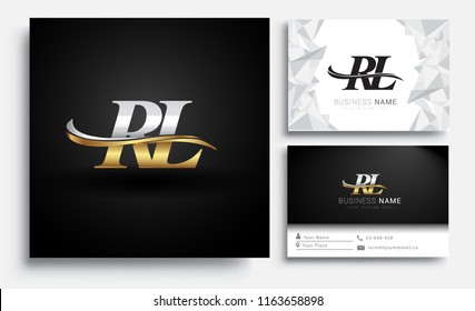 initial letter RL logotype company name colored gold and silver swoosh design. Vector sets for business identity on white background.