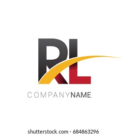 initial letter RL logotype company name colored red, black and yellow swoosh design. isolated on white background
