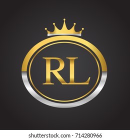 initial letter RL logotype company name with oval shape and crown, gold and silver color. vector logo for business and company identity.