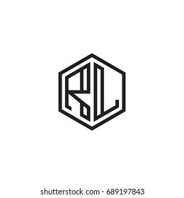 Initial letter RL, minimalist line art monogram hexagon logo, black color