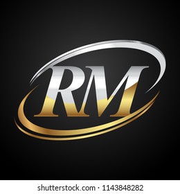 initial letter RM logotype company name colored gold and silver swoosh design. isolated on black background.