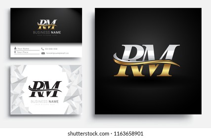initial letter RM logotype company name colored gold and silver swoosh design. Vector sets for business identity on white background.