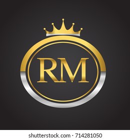 initial letter RM logotype company name with oval shape and crown, gold and silver color. vector logo for business and company identity.