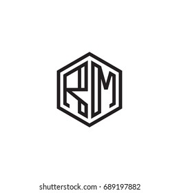 Initial letter RM, minimalist line art monogram hexagon logo, black color