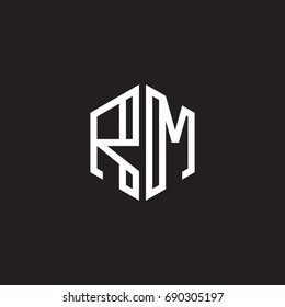Initial letter RM, minimalist line art monogram hexagon shape logo, white color on black background