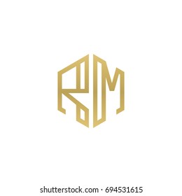 Initial letter RM, minimalist line art hexagon shape logo, gold color