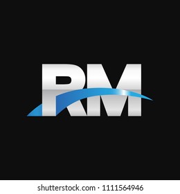 Initial letter RM, overlapping movement swoosh logo, metal silver blue color on black background