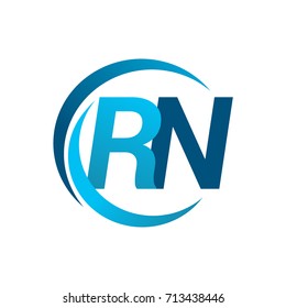 initial letter RN logotype company name blue circle and swoosh design. vector logo for business and company identity.