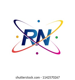 initial letter RN logotype science icon colored blue, red, green and yellow swoosh design. vector logo for business and company identity.
