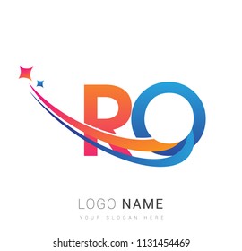 initial letter RO logotype company name colored orange, red and blue swoosh star design. vector logo for business and company identity.